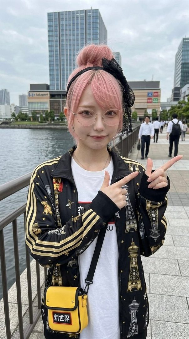 A young woman with pink hair tied in a bun, wearing glasses and a jacket with a tower print, poses outdoors with a yellow crossbody bag.