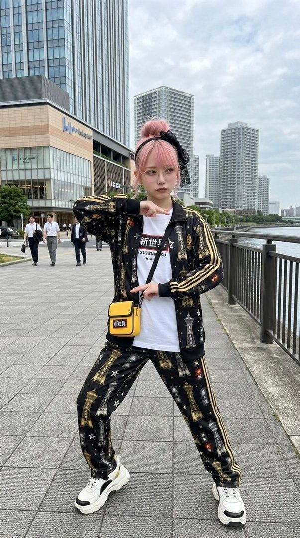 A young woman with pink hair styled in a high bun, wearing a matching tracksuit with a tower print and a white t-shirt, poses on a city street.
