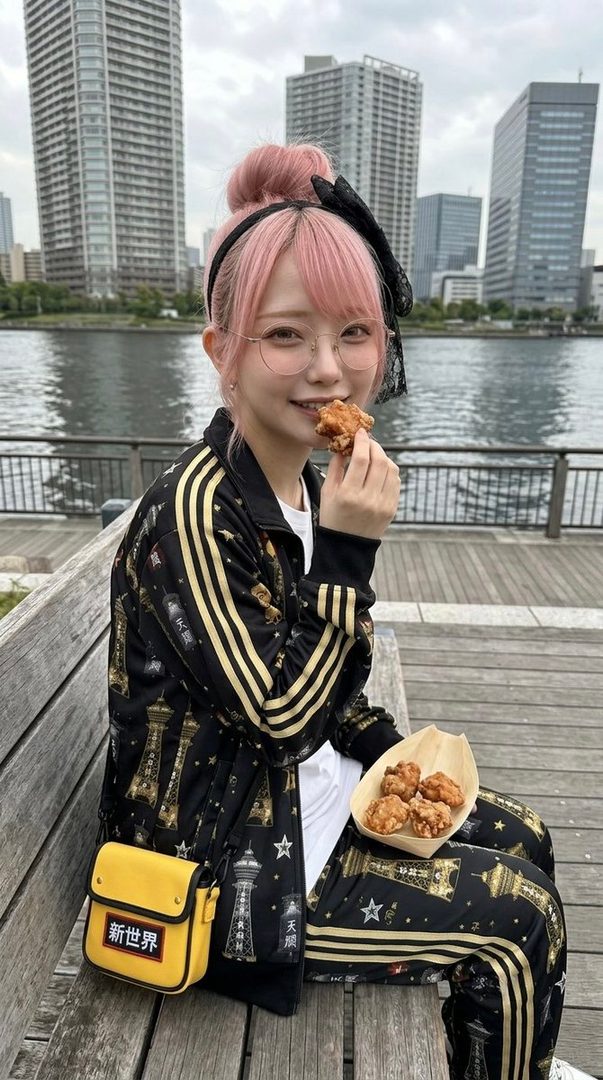 A young woman with pink hair tied in a bun, wearing glasses and a black tracksuit with gold accents, sits on a park bench by a river, eating fried chicken.