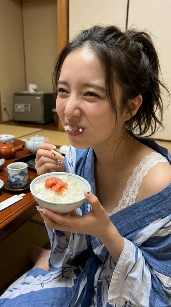 A young woman with dark hair in a ponytail, wearing a blue and white patterned robe over a white lace camisole, smiles as she eats rice with mentaiko from a bowl with chopsticks.