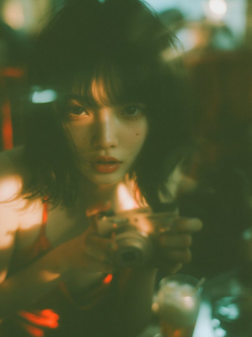 A young woman with short black hair and bangs holds a camera, looking at the viewer with a soft expression. The image has a vintage, dreamy aesthetic with warm lighting.
