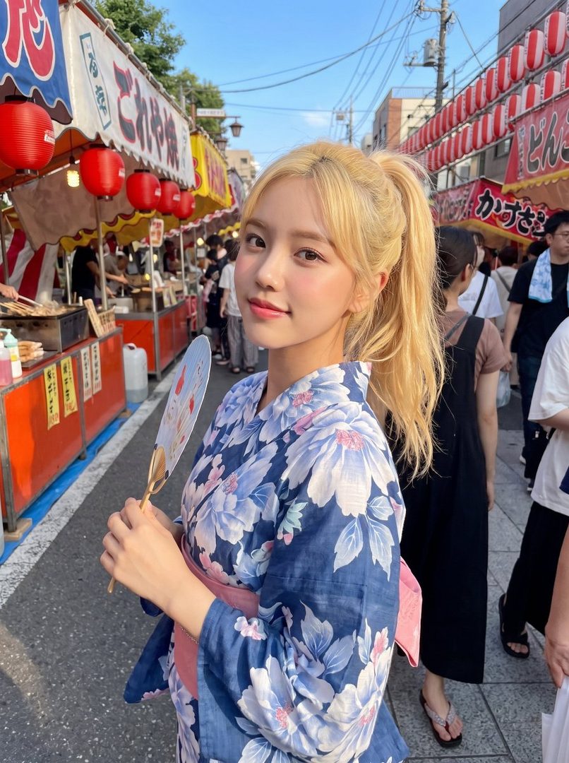 A young woman with blonde hair in a ponytail, wearing a blue floral yukata and holding a fan, smiles at the camera in a bustling street market.