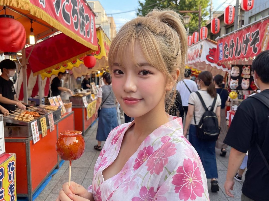 A young woman with blonde hair in a ponytail, wearing a pink floral yukata, holds a candied apple while standing on a street lined with food stalls.