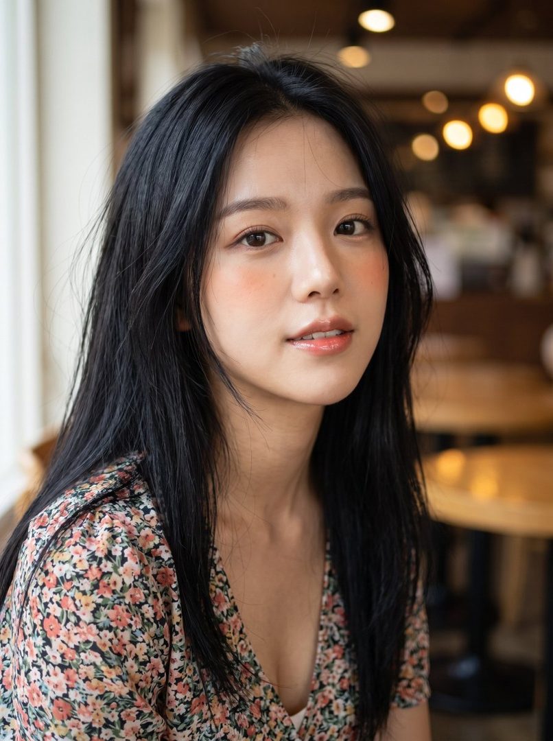 A young East Asian woman with long black hair and a floral dress, looking at the camera with a soft expression.