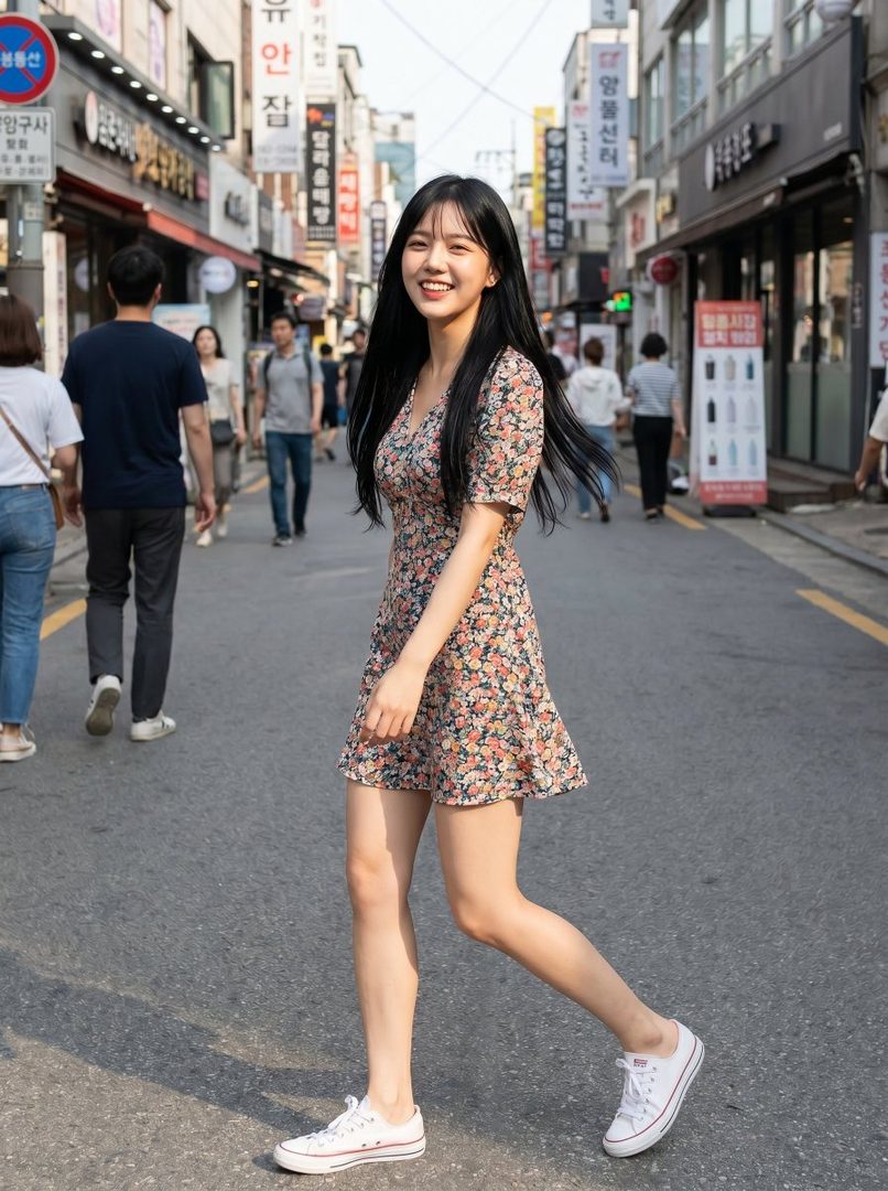 A young woman with long black hair smiles as she walks down a bustling street in a floral dress and white sneakers.