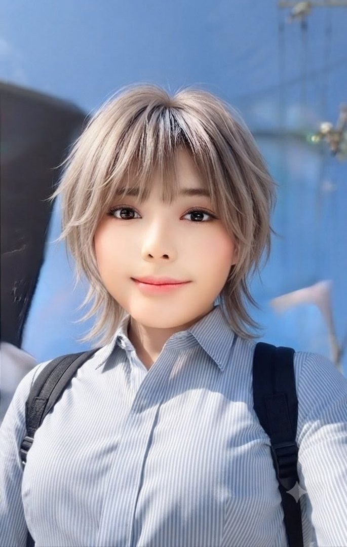 A young East Asian woman with short, light brown hair and bangs, wearing a striped blue and white collared shirt and a backpack, smiles gently at the camera in a selfie taken outdoors.