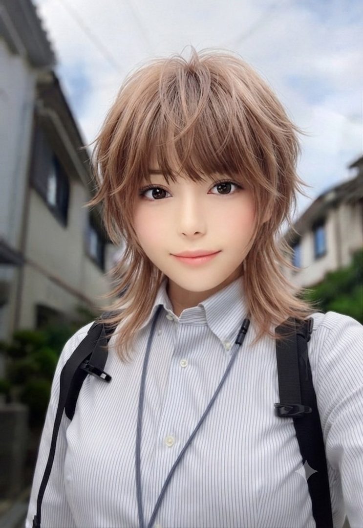 A young Japanese woman with short, layered brown hair and bangs, wearing a striped button-down shirt and a backpack, smiles gently at the camera in an outdoor setting.