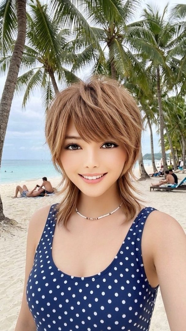A beautiful AI-generated woman with short brown hair and a blue polka dot swimsuit smiles at the camera on a tropical beach with palm trees and the ocean in the background.