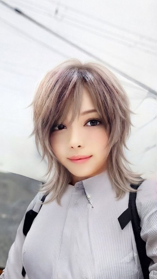A photorealistic AI-generated portrait of a young East Asian woman with short, layered blonde hair, wearing a light-colored collared shirt, looking directly at the camera with a gentle smile.