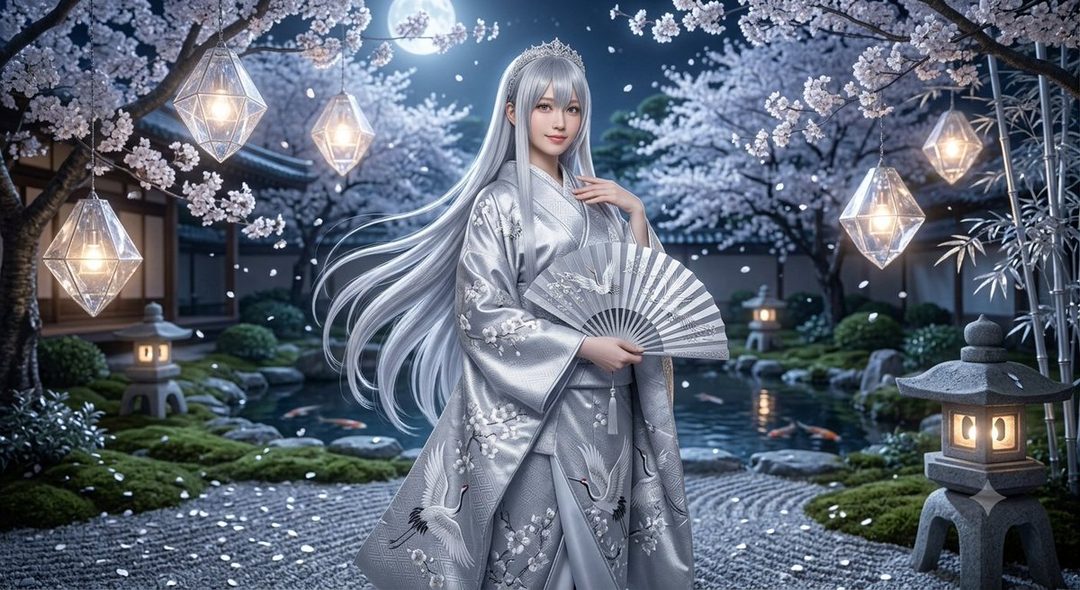 A beautiful AI-generated woman with long silver hair, wearing an elegant silver kimono adorned with cranes and cherry blossoms, holding a fan, in a serene Japanese garden at night under a full moon.