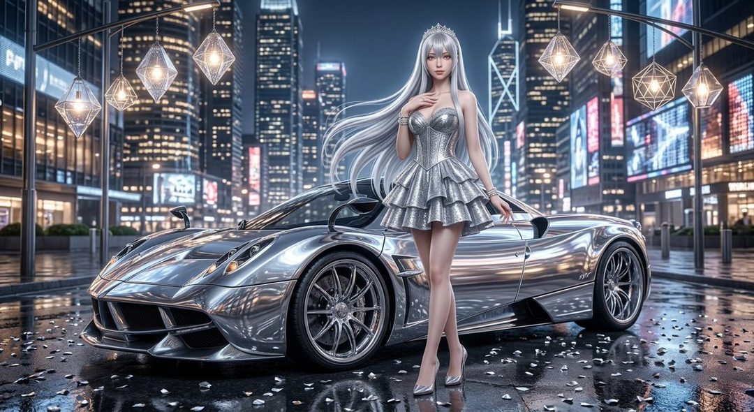 A glamorous AI-generated woman with long silver hair and a sparkling silver dress stands next to a sleek silver sports car on a wet city street at night, with illuminated skyscrapers in the background.