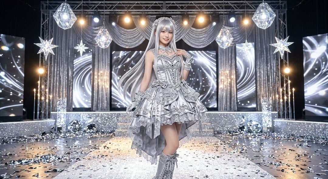 A young woman with long silver hair, wearing an elaborate silver dress and boots, stands on a stage decorated with sparkling lights and confetti.