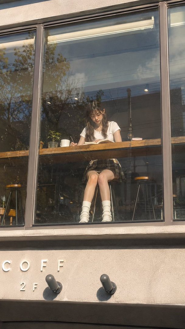 A young woman with long brown hair sits at a table in a cafe, writing in a book. She is wearing a white t-shirt and a plaid skirt.
