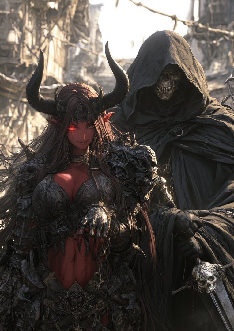 A demonic woman with red skin and horns stands next to a cloaked figure resembling the Grim Reaper, holding a sword with a skull hilt.