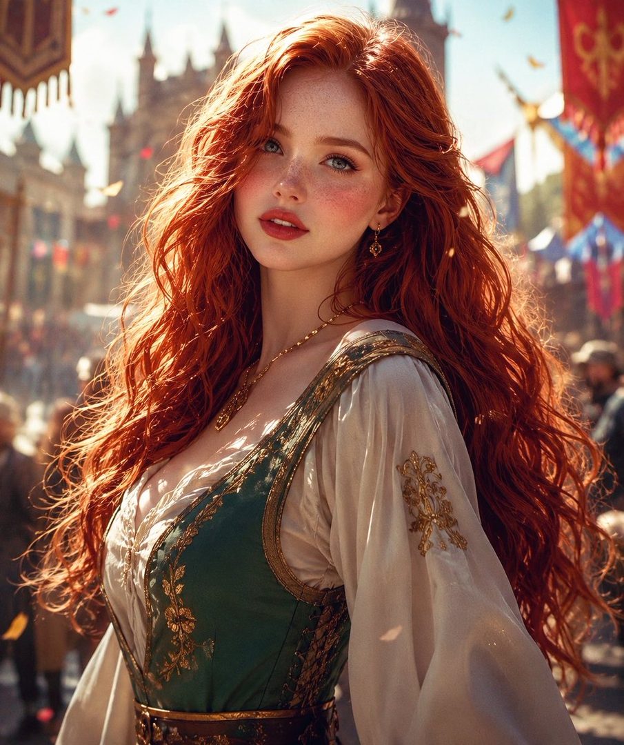 A beautiful AI-generated portrait of a young woman with long, wavy red hair and blue eyes, wearing a medieval-style dress, with a blurred medieval town square in the background.