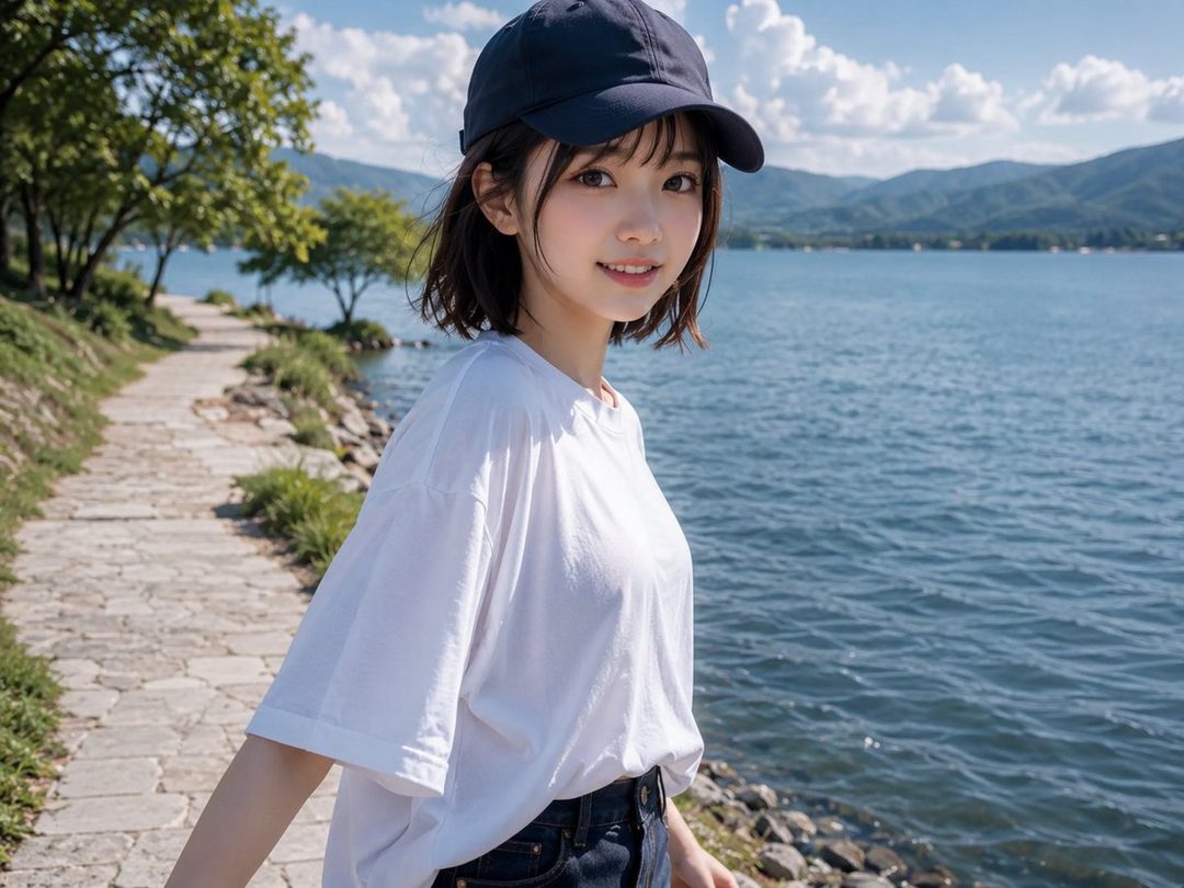 A young woman with short black hair and a blue baseball cap smiles at the camera, wearing a white t-shirt and jeans, standing by a lake on a sunny day.