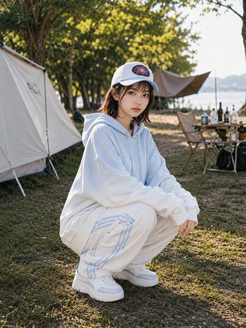 A young East Asian woman with short brown hair, wearing a light blue hoodie and white sweatpants with blue stripes, crouches outdoors near a tent and camping gear.