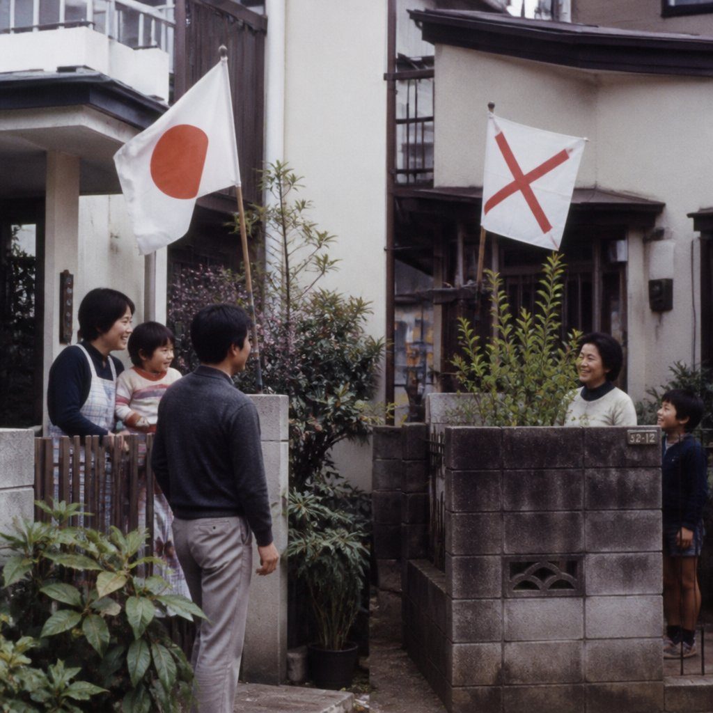 A family of five, including two adults and three children, stand outside their home in Japan, with Japanese flags displayed.