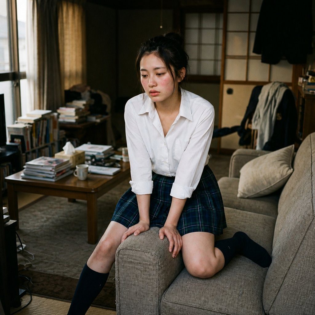 A young East Asian woman in a white shirt and plaid skirt sits on a sofa, looking down with a thoughtful expression.