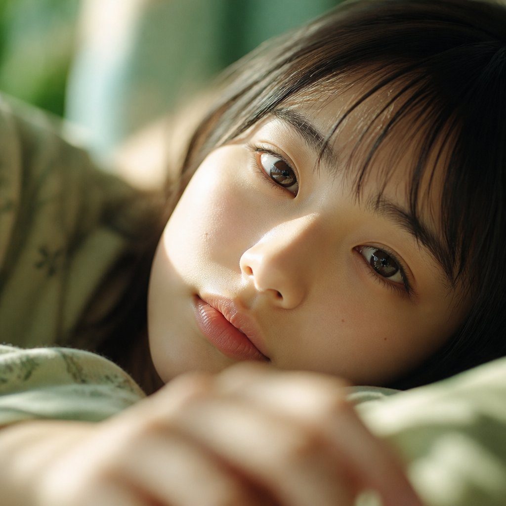 Close-up portrait of a young East Asian woman with dark hair, lying down and looking towards the camera with soft morning light illuminating her face.