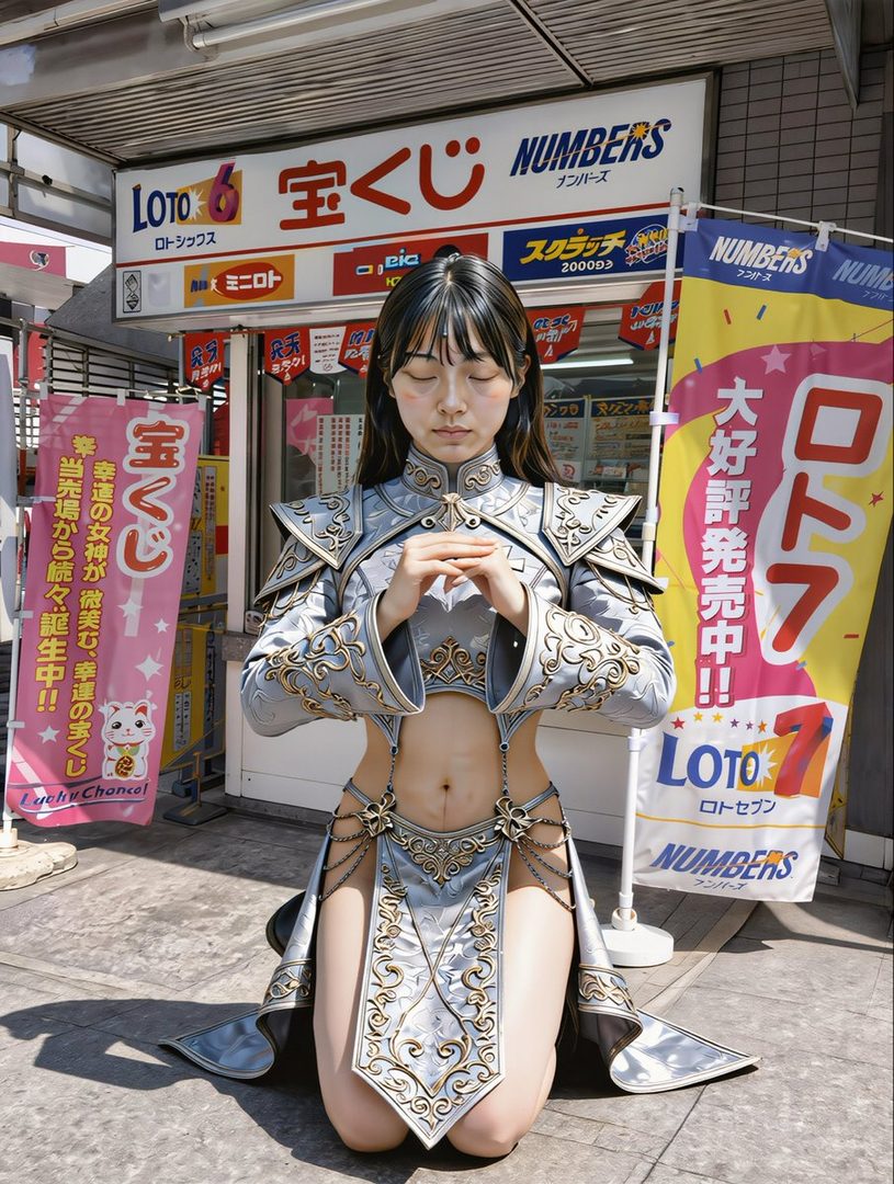 A young woman in a fantasy-inspired outfit kneels in front of a Japanese lottery shop.