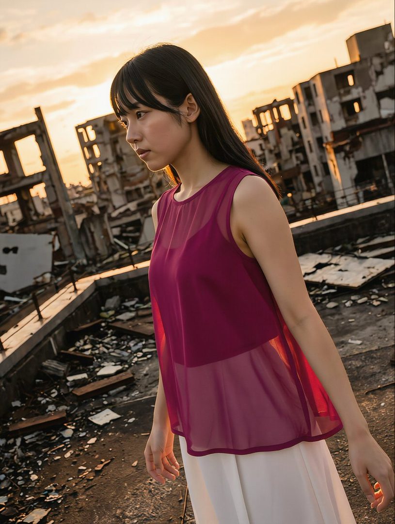 A young woman with long black hair stands on a rooftop at sunset, looking to the side.