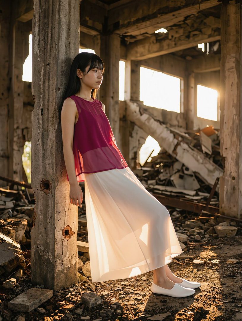 A young woman with long black hair stands in a ruined building, leaning against a pillar, bathed in golden hour sunlight.