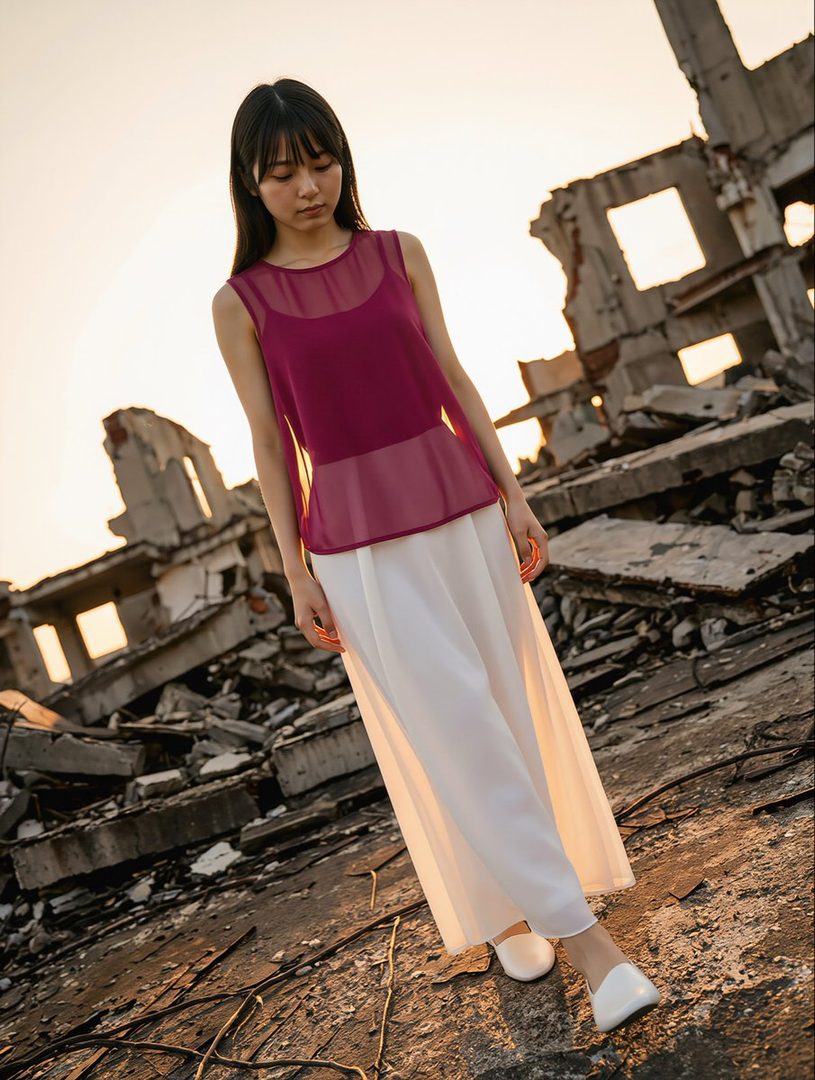 A young woman with long black hair stands in a ruined urban environment at sunset, wearing a sheer purple top and a long white skirt.