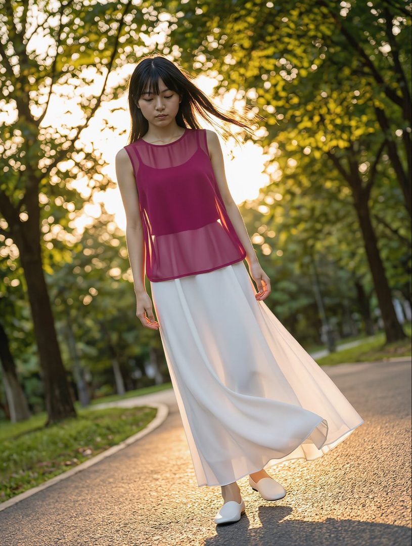 A young East Asian woman with long black hair walks down a park path during golden hour, wearing a sheer magenta sleeveless top and a long white skirt.
