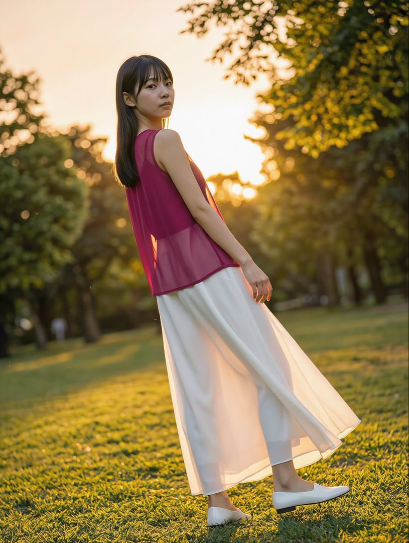 A young woman with long black hair poses in a park during golden hour, wearing a sheer burgundy top and white wide-leg pants.