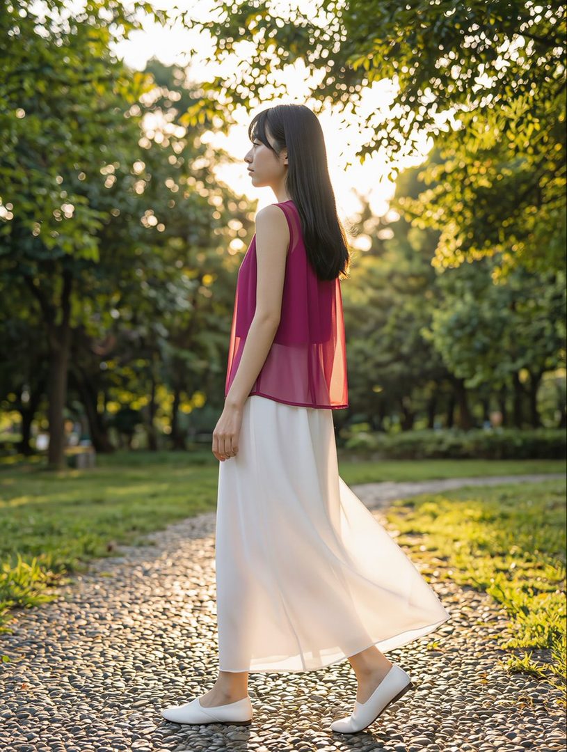 A young East Asian woman with long black hair walks on a stone path in a park during golden hour, wearing a magenta sleeveless top and a flowing white skirt.