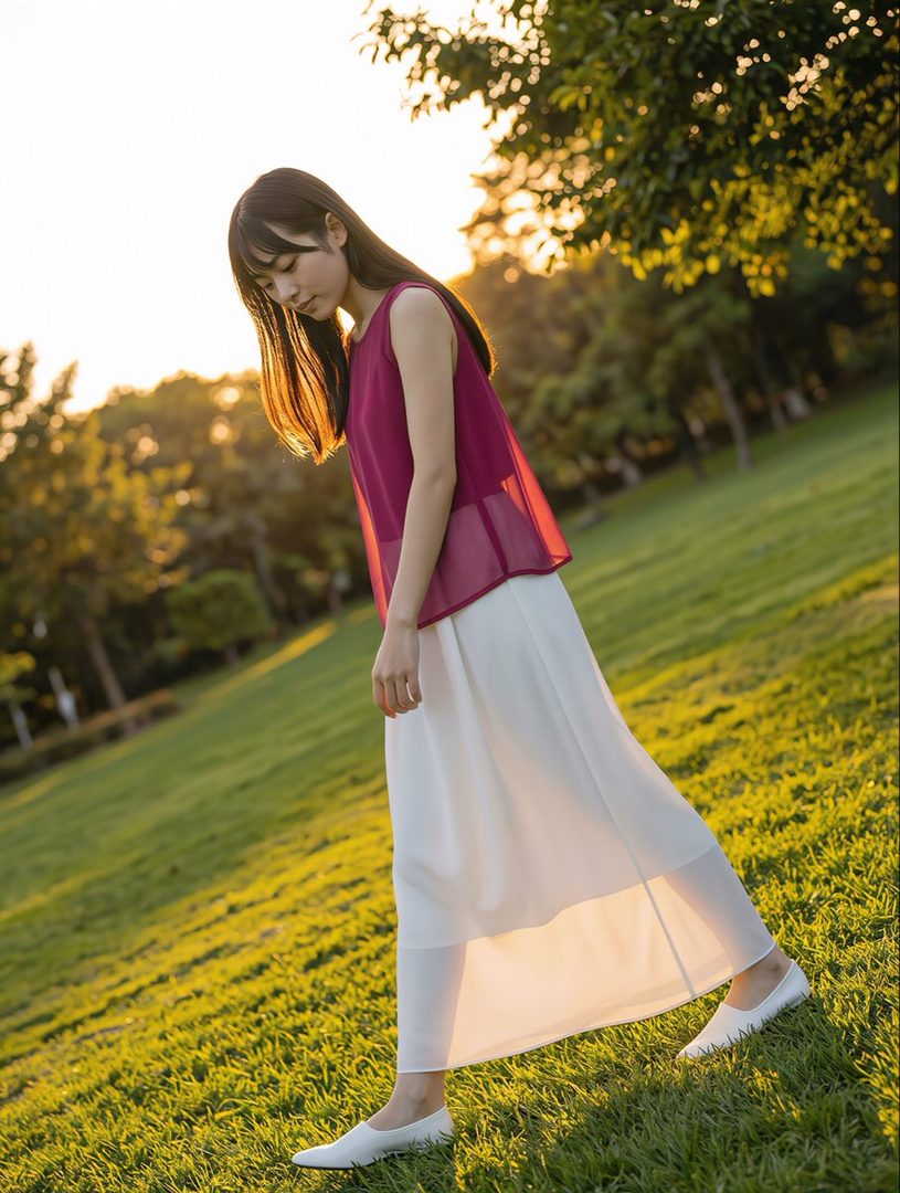 A young woman with long dark hair, wearing a sleeveless maroon top and a long white skirt, walks in a grassy park during golden hour.