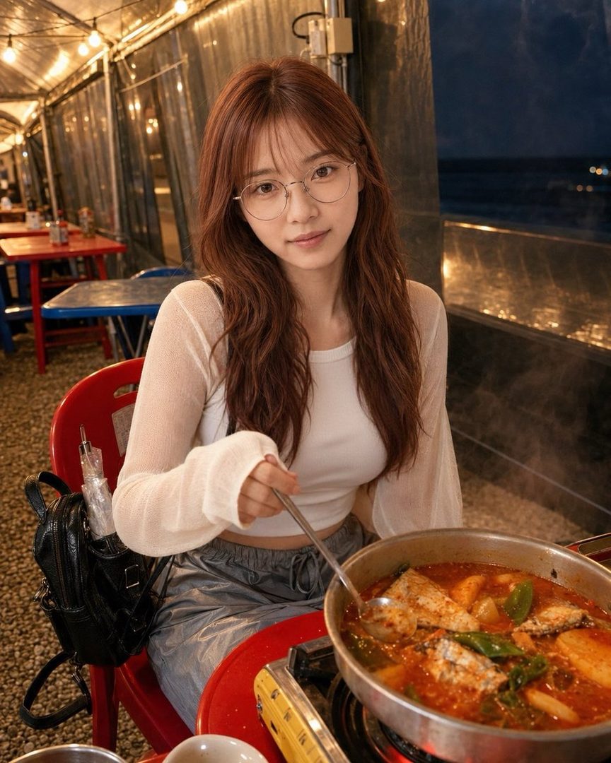 A young East Asian woman with long brown hair and glasses, wearing a white top, sits at a table outdoors at night, enjoying a meal of fish stew.