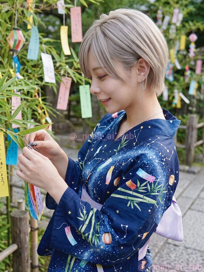 A young woman with short blonde hair smiles as she attaches a wish to a bamboo tree during Tanabata.