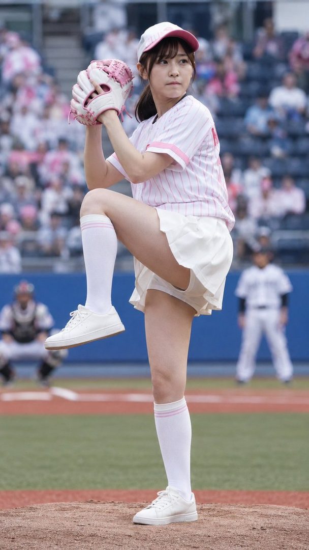 A young woman in a baseball uniform pitches on a baseball field, with spectators in the background.