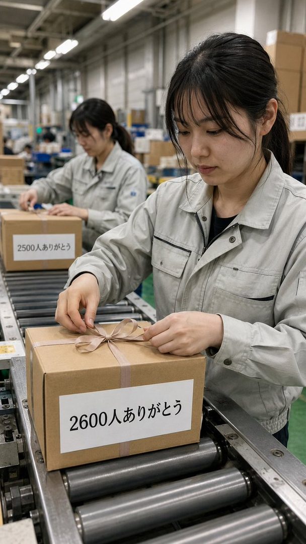 Two young East Asian women in work uniforms are packing boxes on a conveyor belt in a factory, with one woman tying a ribbon on a box.
