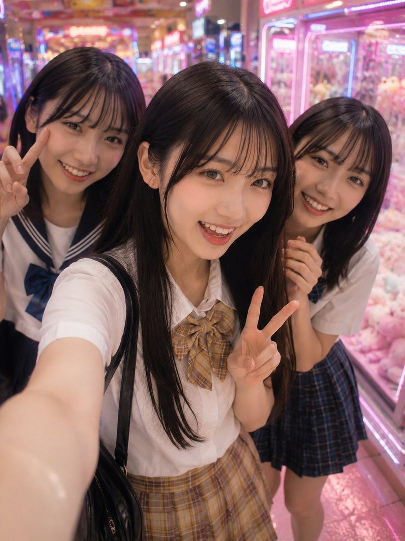 Three young women in school uniforms take a selfie in an arcade, smiling and making peace signs.