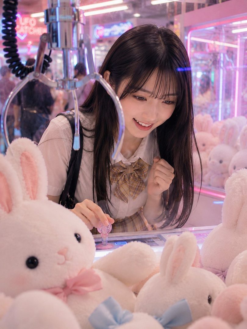 A young woman with long black hair and bangs, wearing a school uniform-style outfit, smiles as she plays a claw machine filled with plush bunnies.