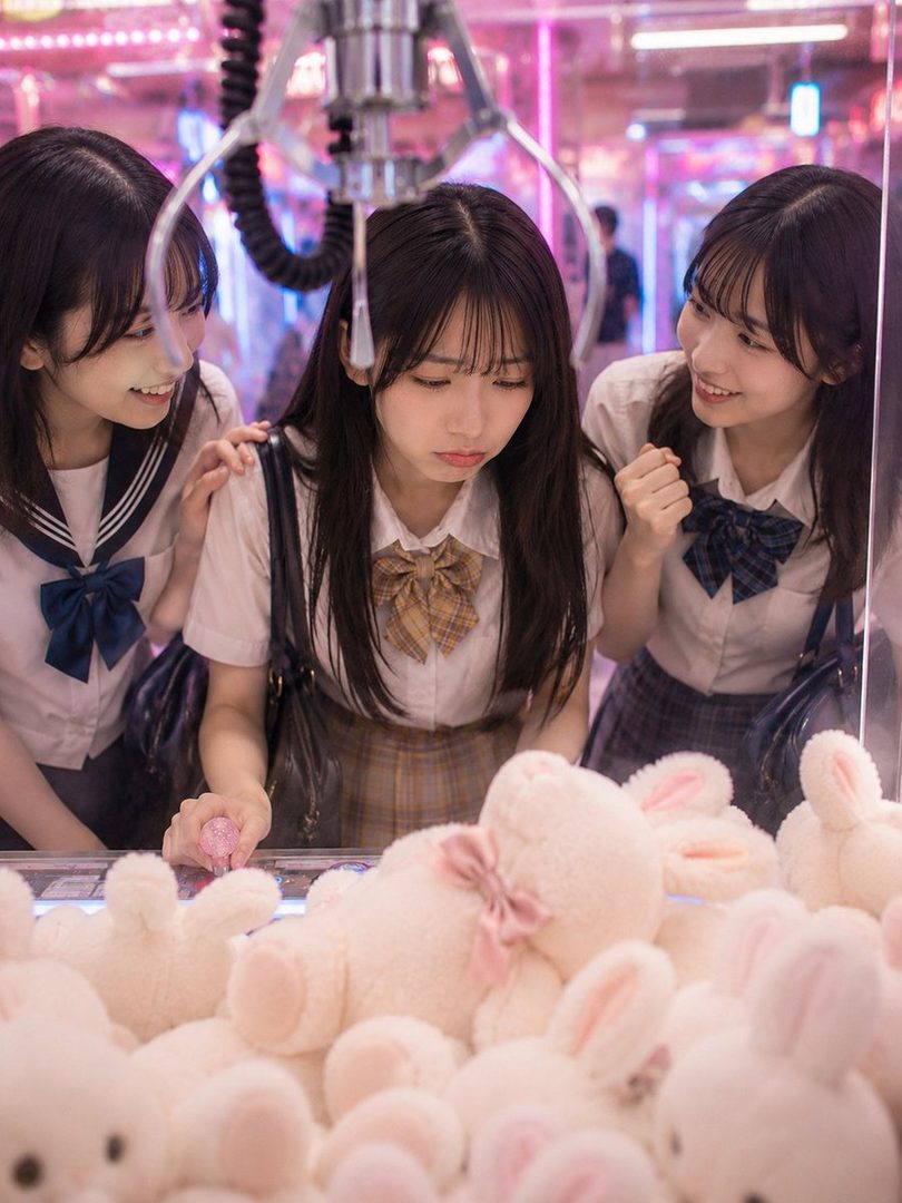 Three young women in school uniforms are playing a claw machine filled with white bunny plush toys in an arcade.
