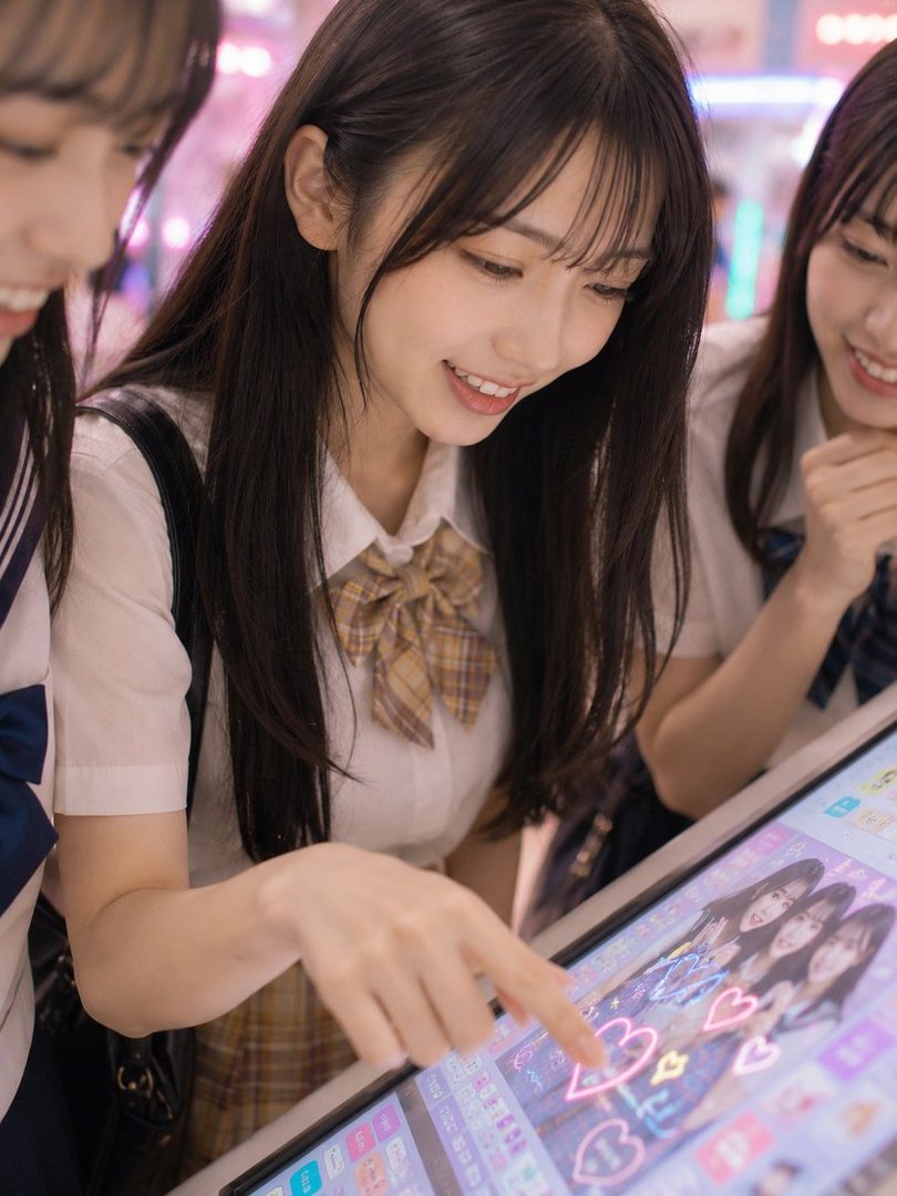 Three young women in school uniforms are smiling and interacting with a digital screen, possibly a purikura machine, indoors.