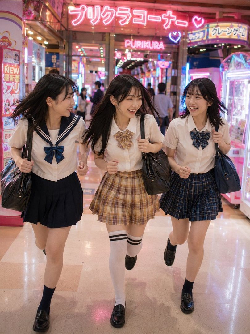 Three young Japanese women in school uniforms are happily running through a brightly lit arcade with purikura machines.
