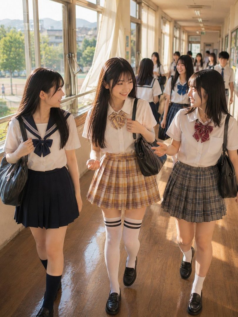 Three young women in Japanese school uniforms walk and chat in a sunlit school hallway.