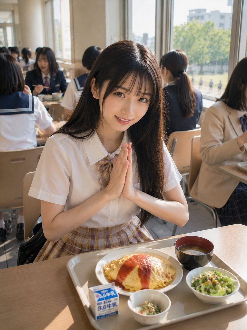 A young woman in a school uniform smiles with her hands clasped, sitting at a table with a school lunch tray.