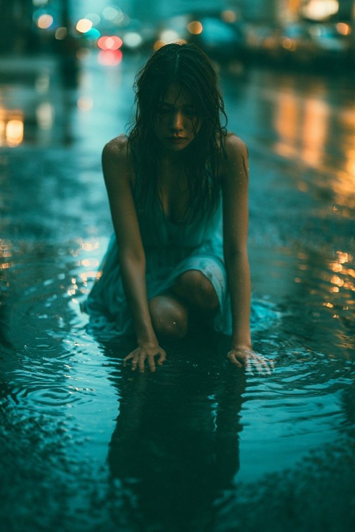 A young woman kneels in a puddle on a city street at night, with blurred city lights in the background.