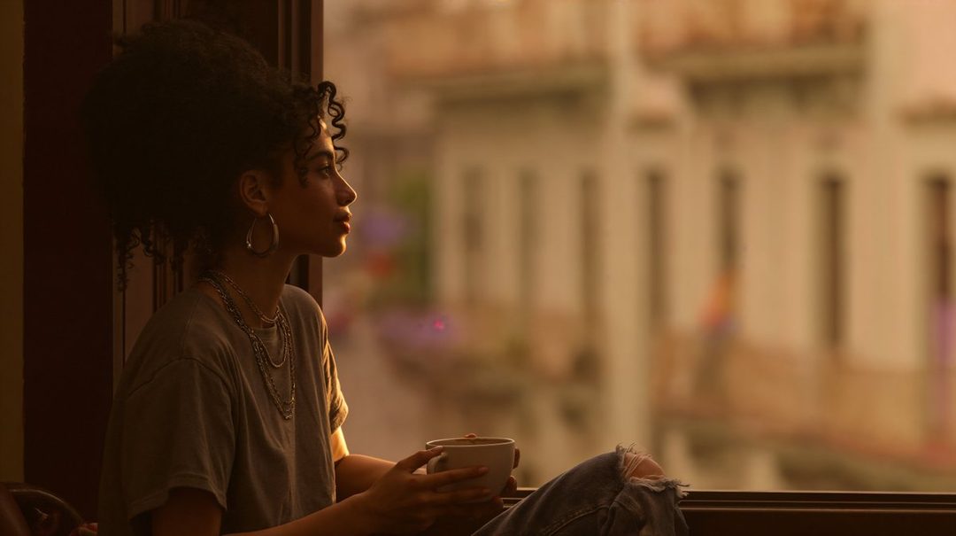 A young woman with curly black hair sits by a window, holding a mug and looking out.