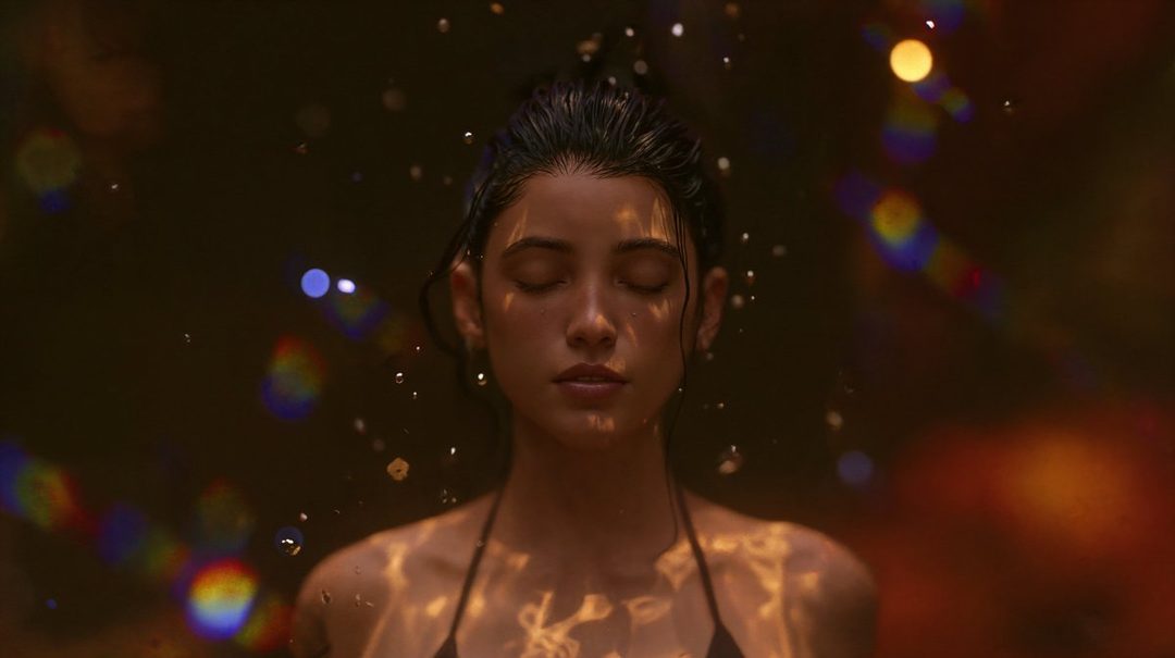 A serene portrait of a young woman with her eyes closed, wearing a dark bikini top, with water droplets and bokeh lights around her.