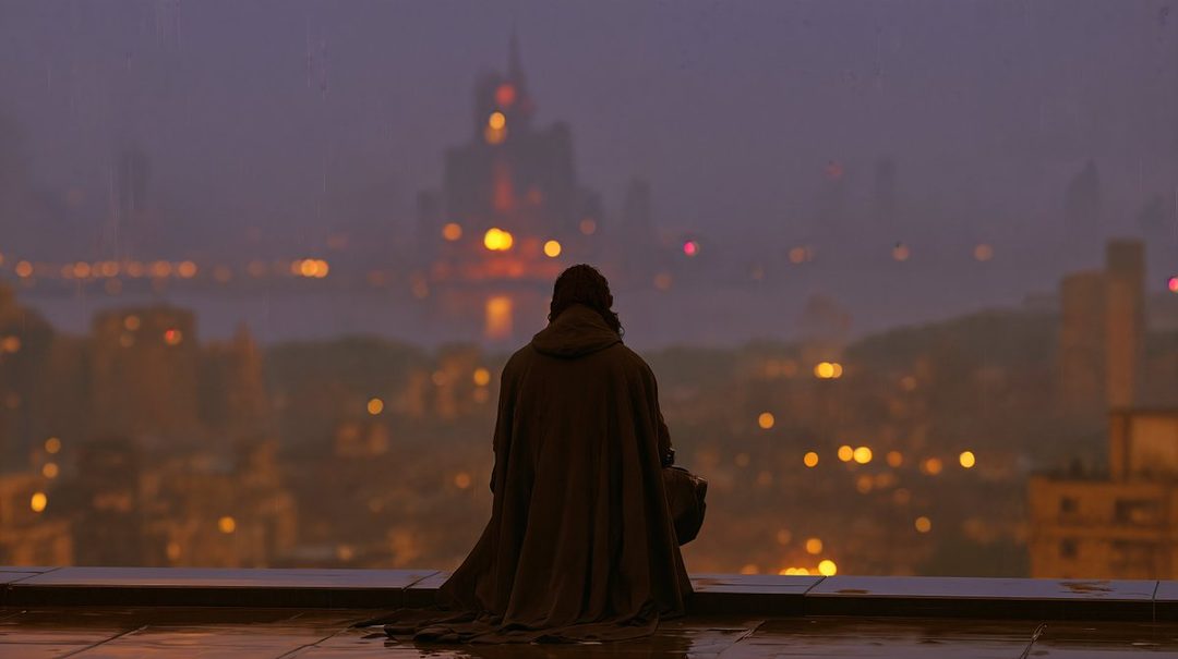 A person in a hooded cloak sits on a rooftop overlooking a hazy city skyline at night, with bokeh lights in the background.