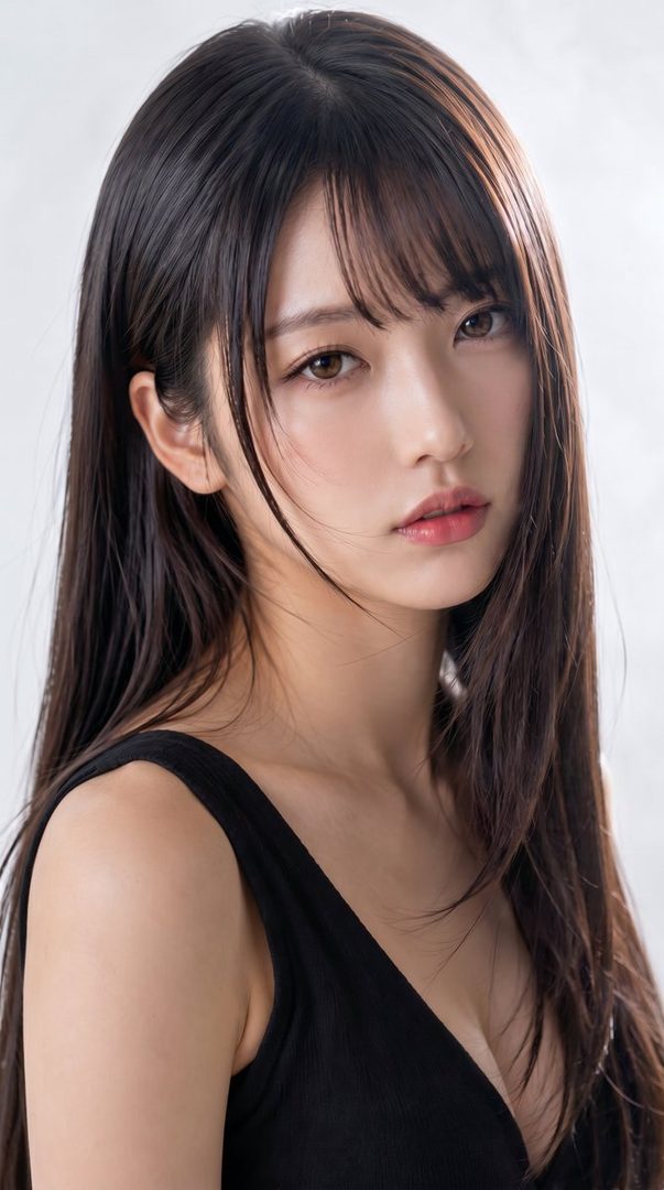 A beautiful East Asian woman with long black hair and bangs, wearing a black tank top, posing in a studio with a soft white background. Her expression is gentle and alluring.