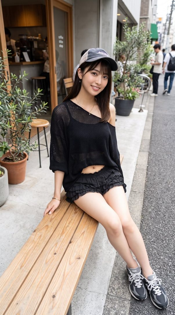 A young woman with long dark hair and bangs, wearing a black off-the-shoulder top, black ruffled shorts, and a baseball cap, sits on a wooden bench outside a cafe.