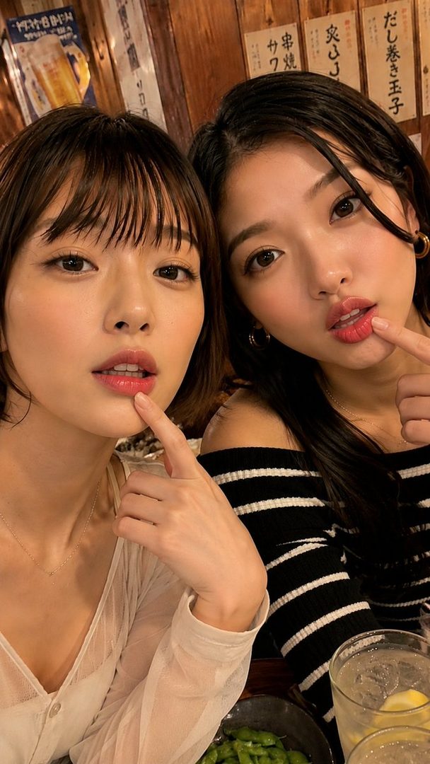 Two young East Asian women taking a selfie in a restaurant, posing playfully with their fingers near their lips.